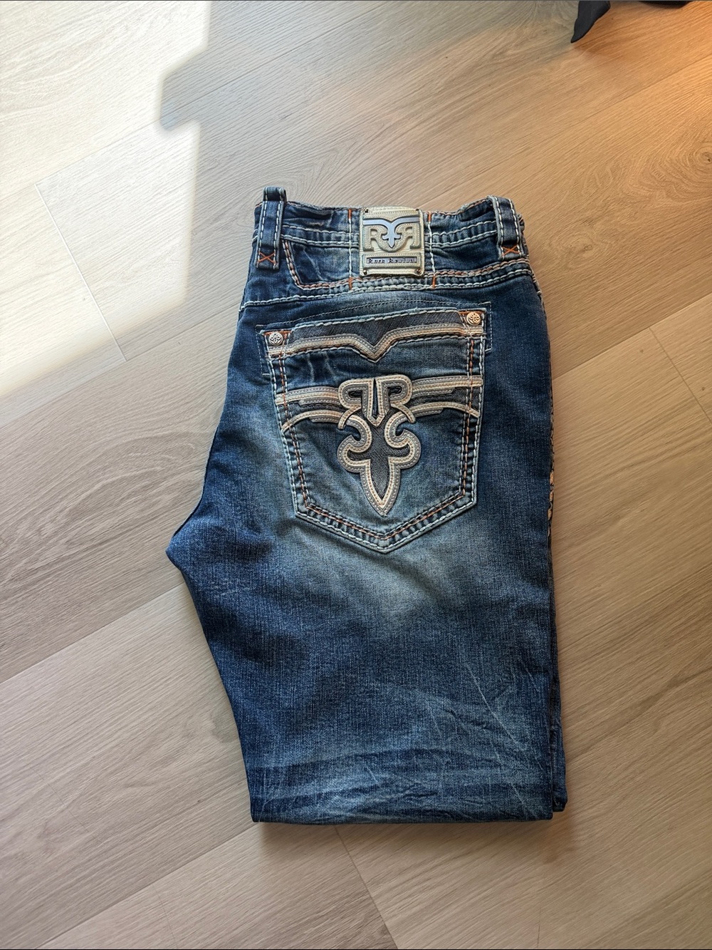 Rock Revival Men’s Dark Blue Embroidered Pocket Jeans